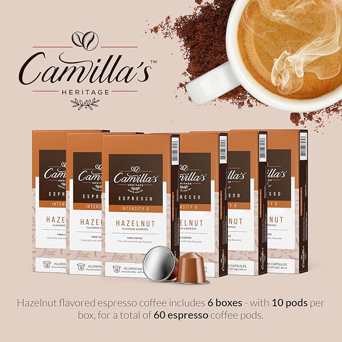 Camilla’s Heritage - Intensity 8 Hazelnut Flavored Espresso Coffee, Gourmet Espresso Cups, 60