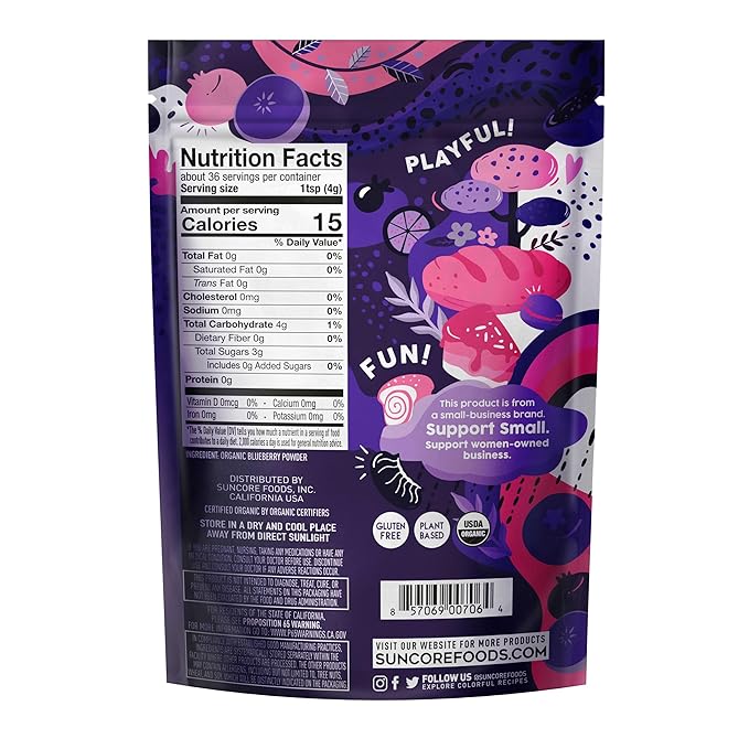 Suncore Foods Organic Indigo Blueberry Powder, Purple Food Coloring Powder, Gluten-Free, Non-GMO