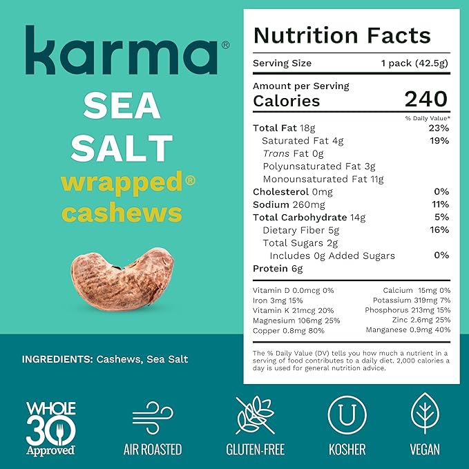 Sea Salt Cashews with Skin by Karma Nuts, Whole, Roasted, Vegan, Gluten Free, Low Net Carb