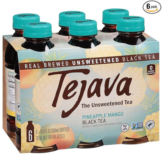 Tejava Pineapple Mango Black Tea, 6 Pack 16.9 oz PET, Unsweetened, Ready-to-Drink Premium Iced Tea