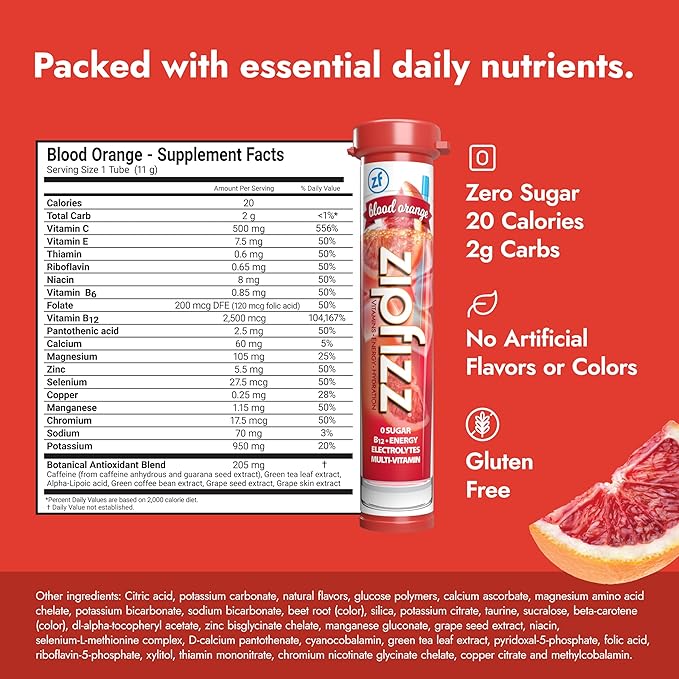 Zipfizz Daily Energy Drink Powder, Blood Orange, 20 Pack | 3-in-1 Sustained Energy, Rapid