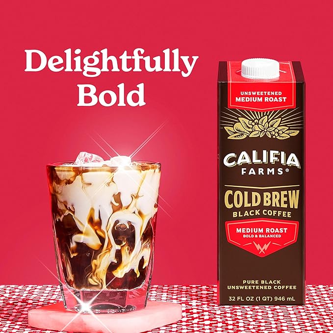 Califia Farms - Pure Black Medium Roast Cold Brew Coffee, 32 Oz (Pack of 6), 100% Arabica, Shelf
