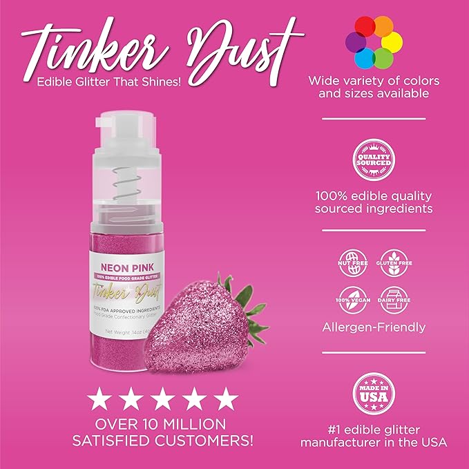 Bakell - Neon Pink Tinker Dust (4g, 1x Mini Spray Pump) Edible Glitter for Food, Desserts, and