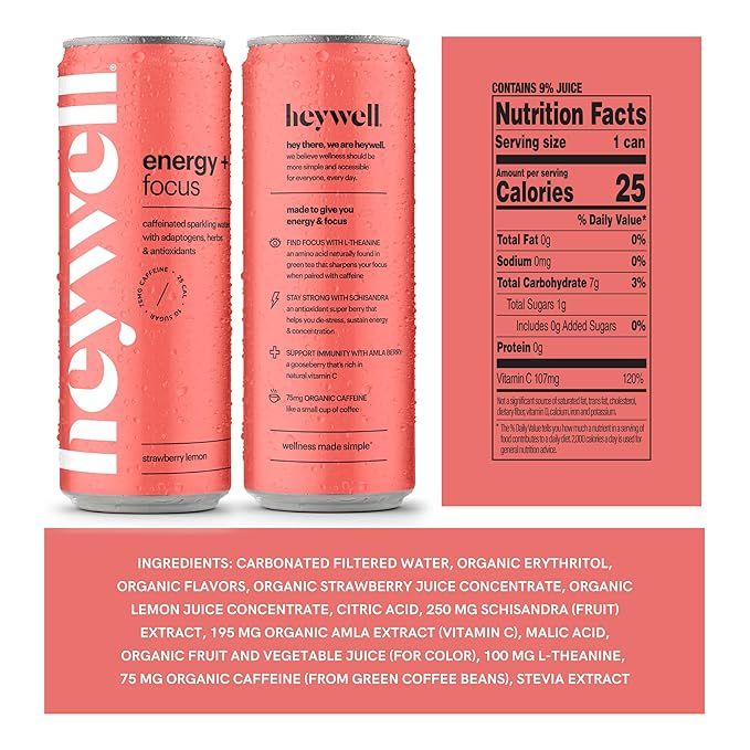 Heywell Sparkling Adaptogenic Water Energy and Focus, Strawberry Lemon Flavor 12 Fluid Ounce (Pack