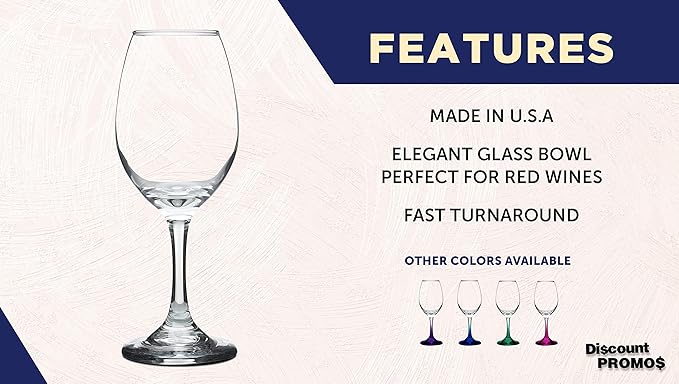 DISCOUNT PROMOS Rioja Wine Glasses with Stem 10 oz. Set of 10, Bulk Pack - Color Bottom, Perfect