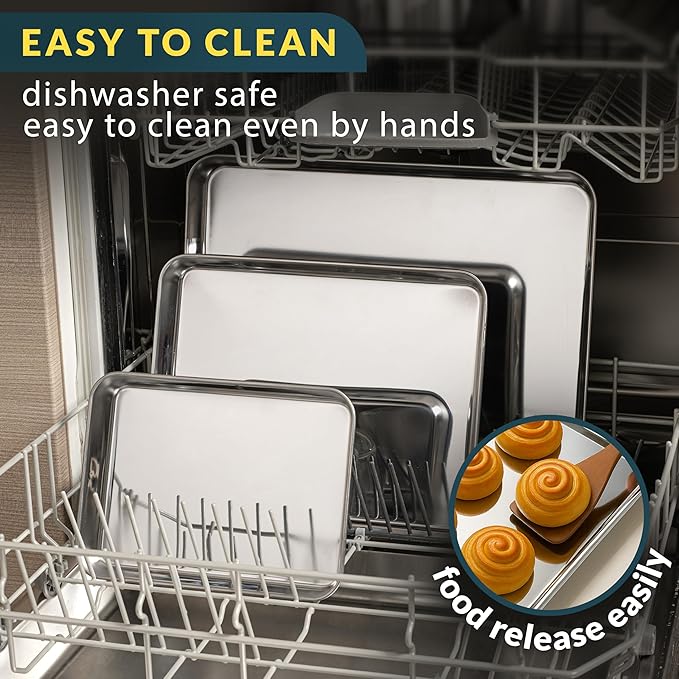 Baker’s Signature Stainless Steel Cookie Sheet Pan, Stainless Steel Baking Sheet Set of 3, Mirror