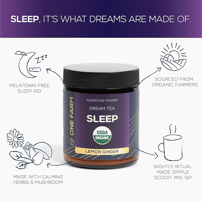 One Farm Dream Tea Sleep Powder - with USDA Organic Reishi, Tart Cherry, Chamomile, Lemon Balm, and