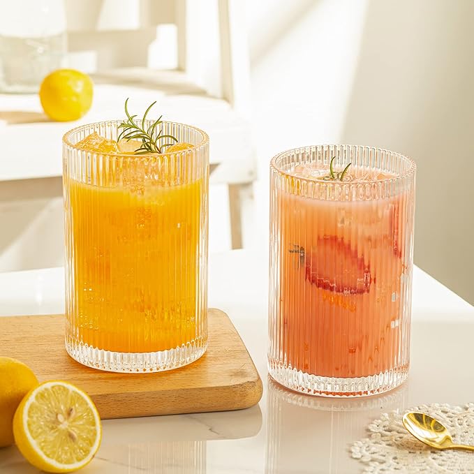 Vintage Ribbed Glassware Set: 4pcs 16.9oz XL Drinking Glasses, Fluted Ripple Drinkware, Origami
