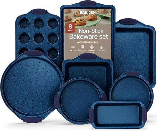 BAKKEN Kitchen Baking Pan Set - Nonstick Coating, Carbon Steel Bakeware Sets with Blue Silicone