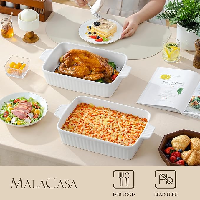MALACASA 4.4 QT Baking Dish with Rack, 9x13 Large Casserole Dish for Oven, Ceramic Baking Pan with
