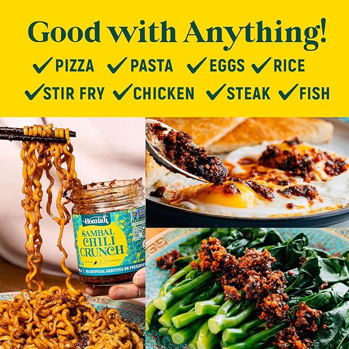 Homiah Sambal Chili Crunch, 6oz - Less Oil Low Sodium Gluten Free Vegan, Sambal Oelek Chili Paste