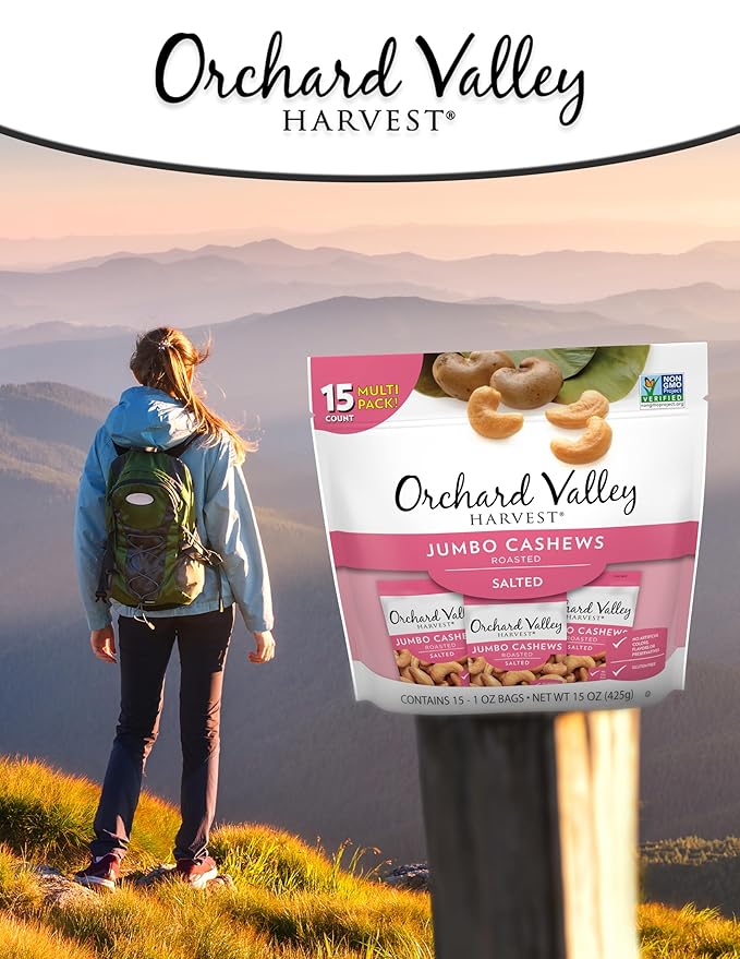 Orchard Valley Harvest Jumbo Cashews, 1 oz Bags (Pack of 15), Whole Roasted Salted Cashews, Gluten