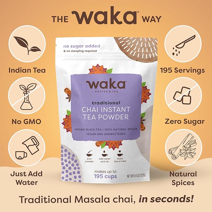 Waka Traditional Chai Tea Powder Mix - Chai Tea Concentrate Sugar Free. Pure Leaves from India