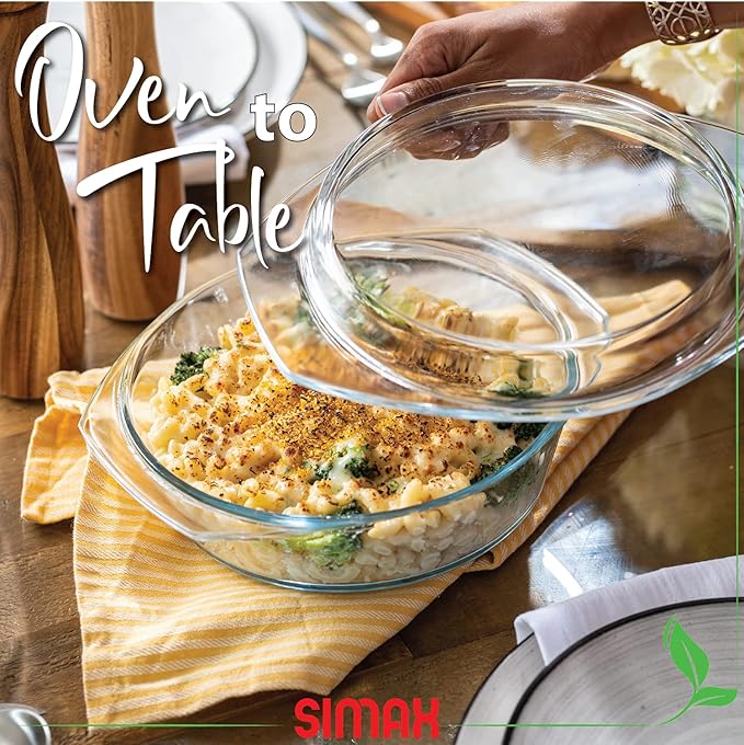 Simax Casserole Dish with Lid, 2 Quart Round Glass Casserole Dishes for Oven with Lid and Handles
