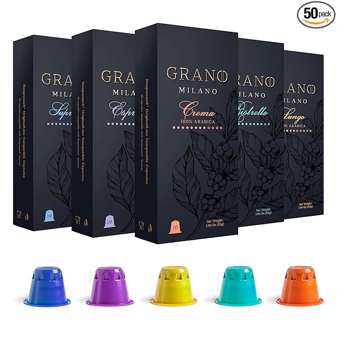 Grano Milano Lungo - 50 Espresso Pods Compatible with Nespresso Original line, 100% Arabica Medium