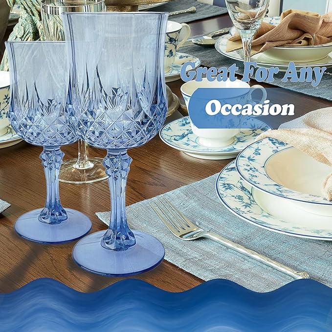 24 PCS Blue Plastic Wine Glasses,Reusable Plastic Wine Glasses,Blue Goblet Glass,Durable and Sturdy