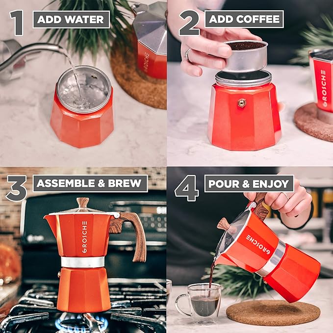 GROSCHE Milano Stovetop Espresso Maker Moka Pot 9 espresso Cup, 15.2 oz, Red - Cuban Coffee Maker