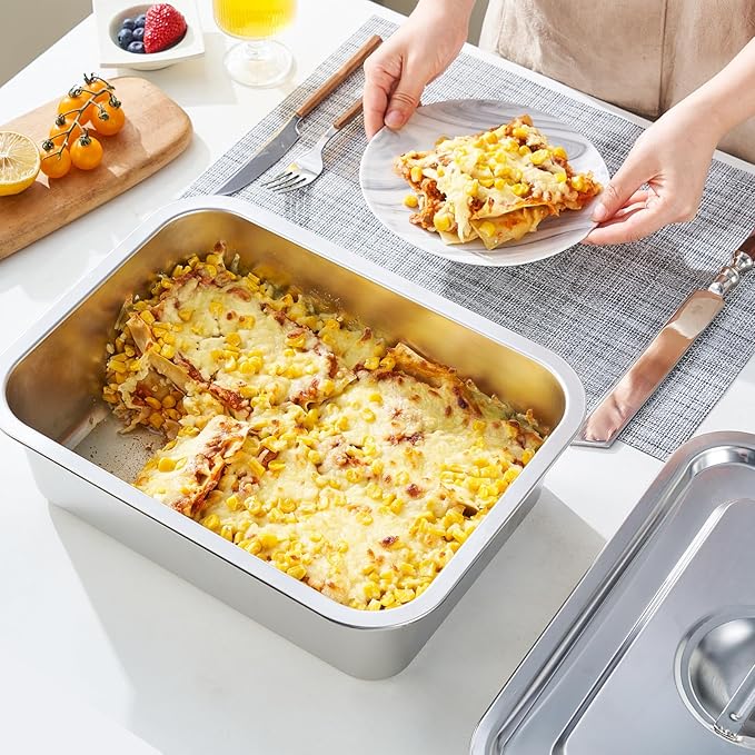 4-Piece 4 Inch Extra Deep Lasagna Baking Pan with Lid, 11x14.2Inch 7.4QT Large Stainless Steel