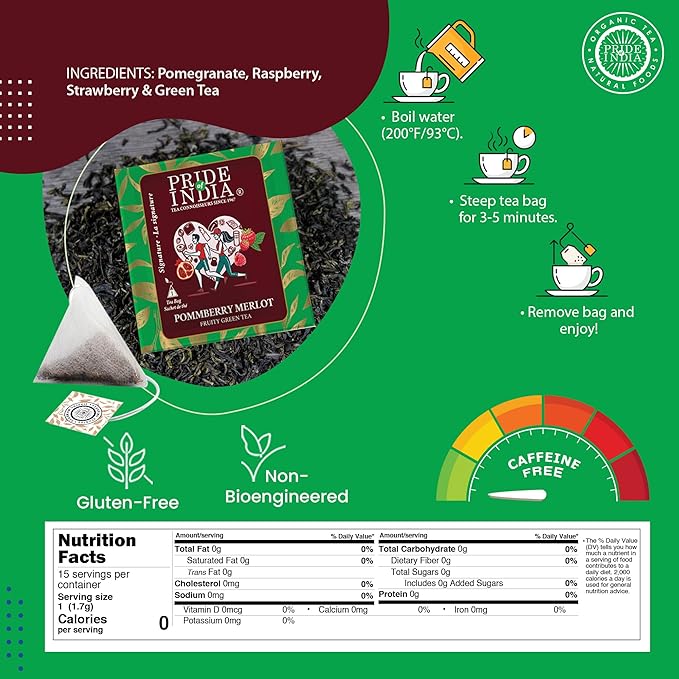 Pride of India | PommBerry Merlot Fruity Green Tea | 15 Pyramid Full Leaf Individually Wrapped Tea