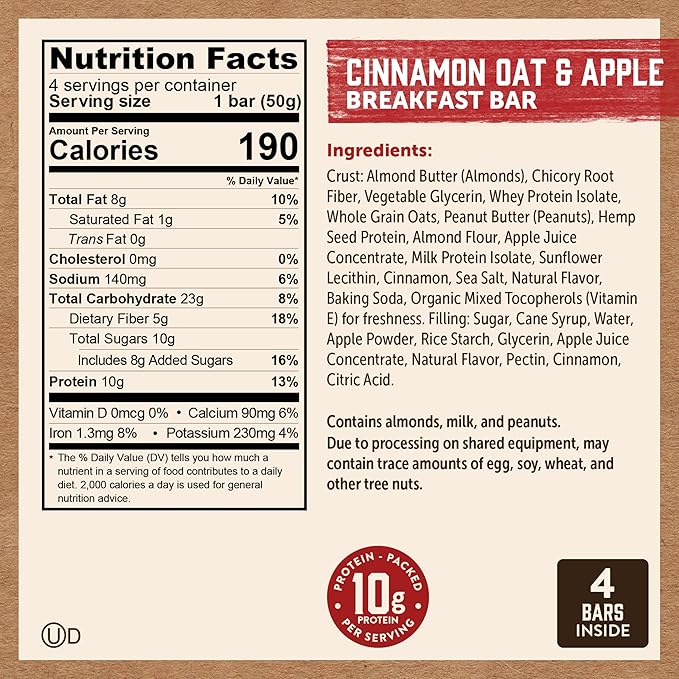 Kodiak Cakes Soft Baked Sandwich Breakfast Bar, Cinnamon Oat & Apple, High Protein, 100% Whole
