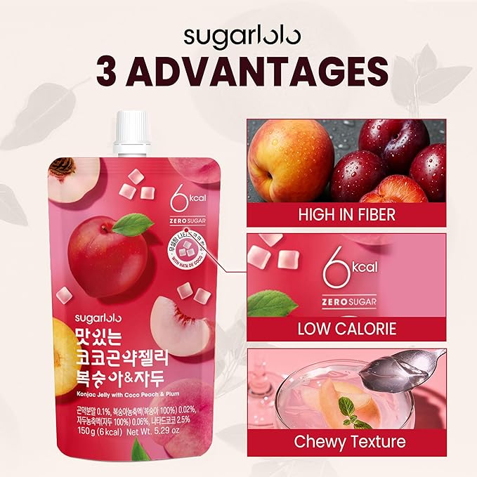 Sugarlolo Konjac Sweet Coco Peach & Plum Jelly Snack - Vegan Jello with Zero Sugar | Only 6