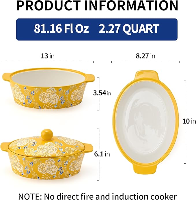 Ceramic Casserole Dish With Lid, Casserole Dishes for Oven, Baking Dish Lasagna Pans For Cooking