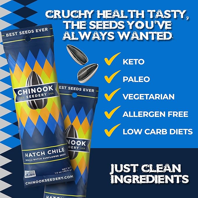 Chinook Seedery Roasted Sunflower Seeds to Eat - 1.5 oz (Pack of 36) Hatch Green Chile - Jumbo Low