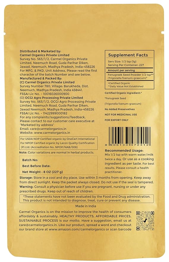 CARMEL ORGANICS Fenugreek |Methi Seeds (Powder, 8 Ounce or 0.5 Lbs)(Pack of 1) | USDA Certified