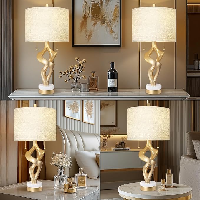 Scenekoy Sculptural Table Lamp Set of 2 with USB Ports for Bedroom Living Room, 26” Gold Leaf