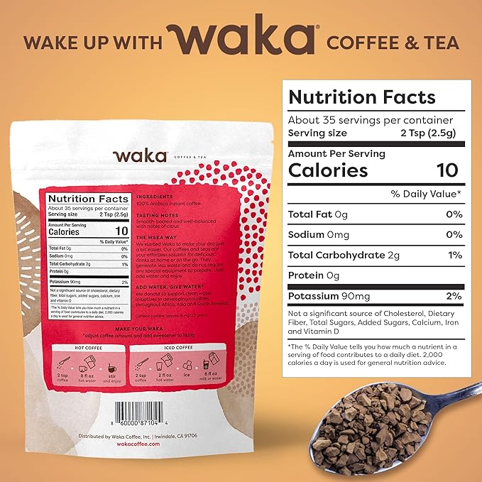 Waka Instant Coffee, Decaffeinated Medium Roast - 100% Arabica Colombian Beans, Freeze Dried