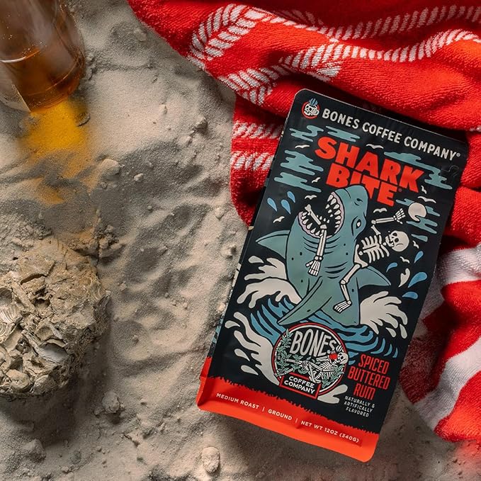 Bones Coffee Company Shark Bite, Buttered Rum Flavored Coffee, Medium Roast Low Acid Arabica Beans
