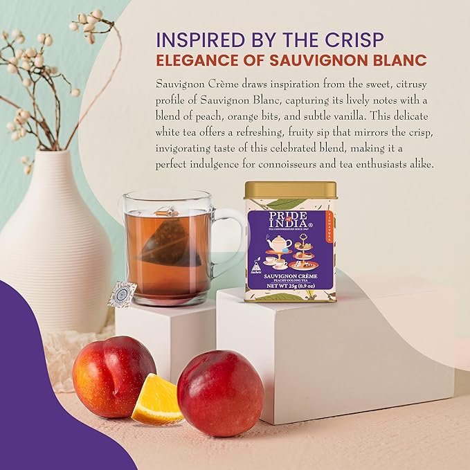 Pride of India | PACK of 6 - Sauvignon Crème Peachy Oolong Tea | 15 Pyramid Full Leaf Individually