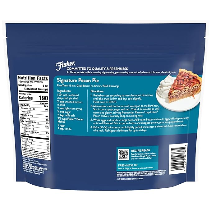 Fisher Chef's Naturals Pecan Halves 1 Lb Resealable Bag, Unsalted Raw Nuts for Cooking, Baking &