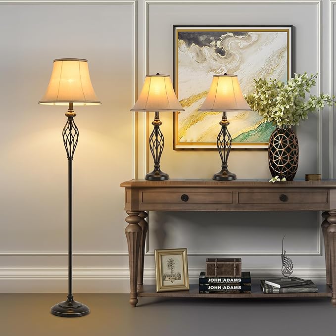 3 Pack Lamp Set, Living Room Lamp Set with Vintage Brown Fabric Shades, Bronze Finish, Solid Iron