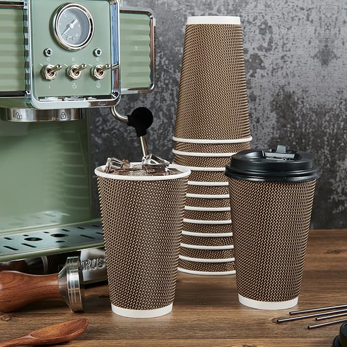 LITOPAK 80 Pack 16 oz Paper Coffee Cups, Insulated Ripple Wall Paper Cups with Lid and Straws