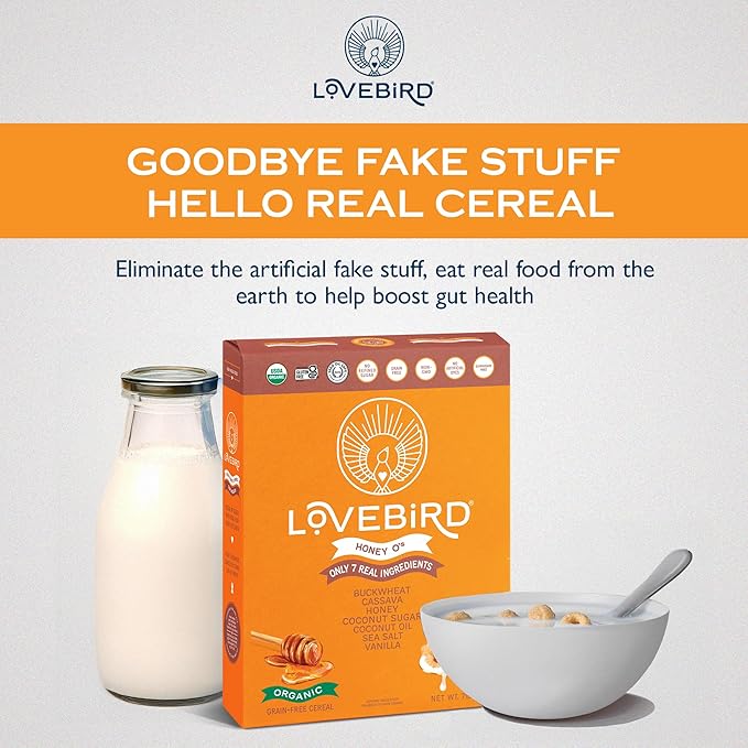 Lovebird Organic Gluten Free Cereal, Honey Flavor ??Prebiotic Fiber, Gut Health, Low Sugar, Grain