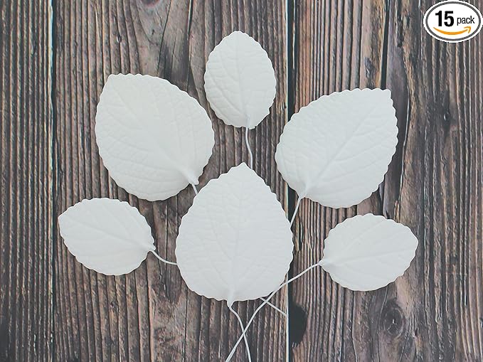Global Sugar Art Hydrangea Leaves Sugar Cake Flowers White Mix of Large Medium and Small, 15 Count