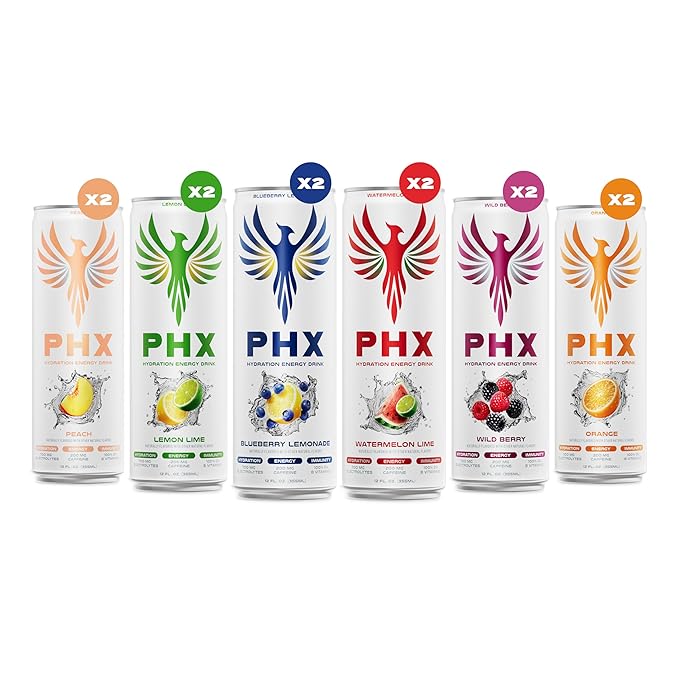 PHX Hydration Energy Drink - 700mg Electrolytes, 200mg Natural Green Tea Caffeine, 100% Daily Value