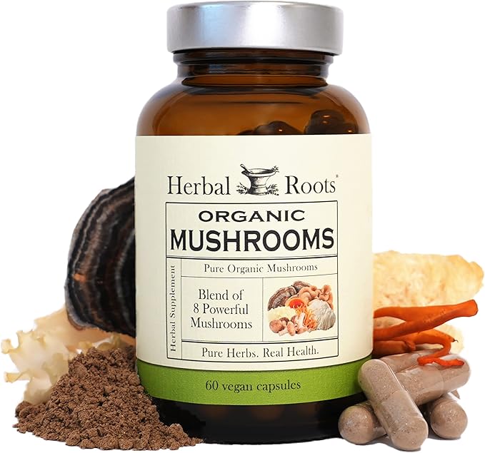 Herbal Roots Organic 8 Mushroom Blend Supplement Capsules - 100% Fruiting Body Extracts - Wellness