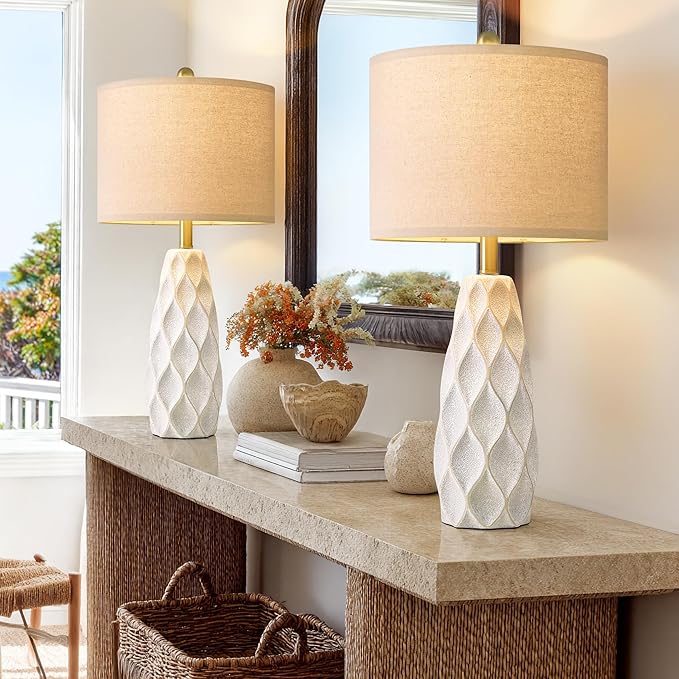 27.5" Ceramic Table Lamps for Living Room Bedroom Lamps Set of 2 Modern Boho Bedside Lamps Night