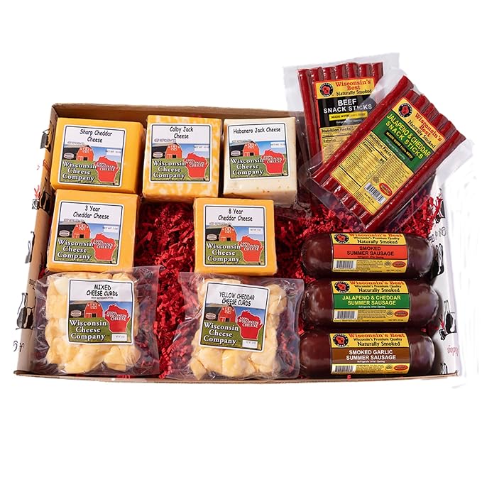 Wisconsin Cheese Company - Deluxe Party Gift Box - 100% Wisconsin Cheese, Meat Stick, Sausage &