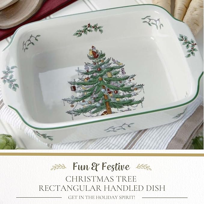 Spode Christmas Tree Rectangular Handled Dish (9" x 12") Baking & Seasonal Platters - Earthenware
