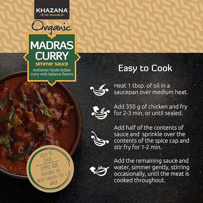 Khazana ORGANIC Madras Curry Indian Simmer Sauce - 12.7oz Jars | Non-GMO, Vegan, Gluten Free