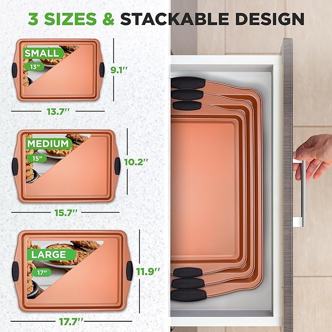 NutriChef 3 Piece Baking Pan Set - PFOA, PFOS, PTFE Free Flexible Nonstick Carbon Steel Bakeware