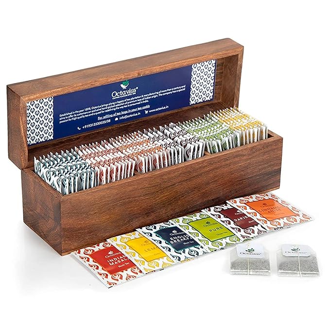 Octavius Gift's Select - Assorted Tea in Wooden Box | 6 Flavors, 60 Tea Bags | Black & Green Tea |