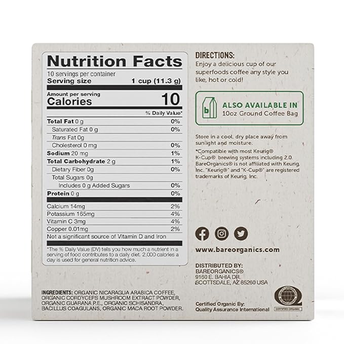 BareOrganics Energy Medium Roast Coffee, Organic, 10 K-Cup Pods, Superfoods & Probiotics Infused