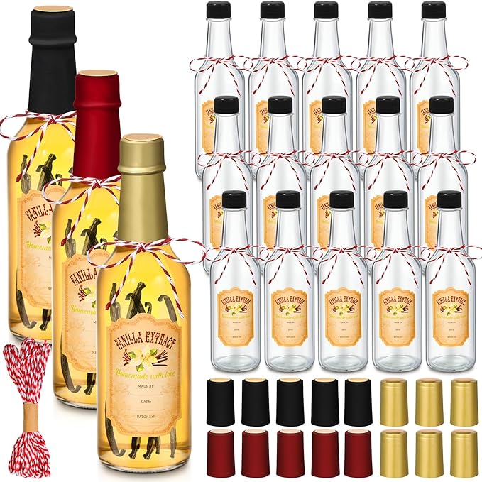 Tioncy 16 Pcs Vanilla Extract Bottles for Homemade Vanilla Jar Glass Bottle with Cap, Shrink Band