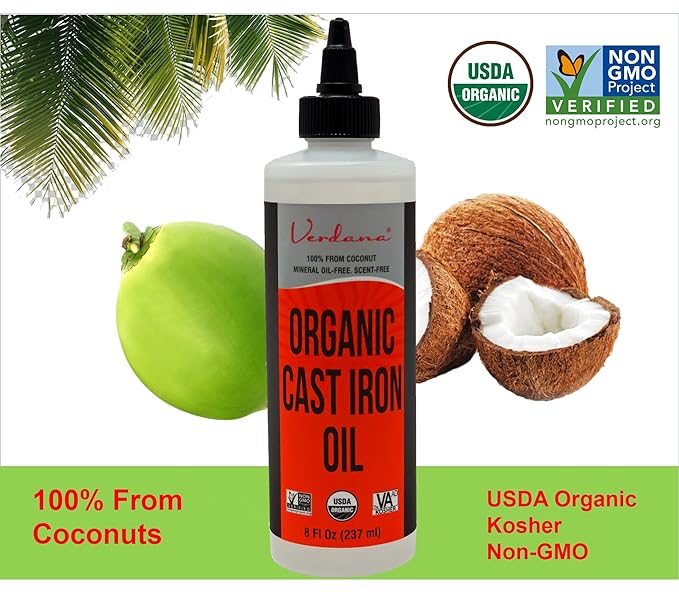 Verdana Cast Iron Seasoning Oil – 8 Fl Oz - Organic, Food Grade, Kosher, Non-GMO - Coconut Derived