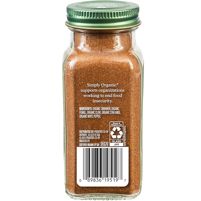 Simply Organic Five Spice Powder, 2.01 Ounce, Cinnamon, Fennel Seed, Cloves, Star Anise & White