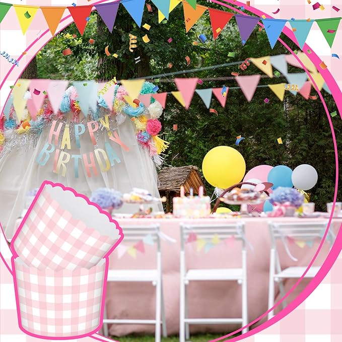 Vesici 150 Pcs Pink Gingham Ice Cream Cups 5oz Dessert Paper Bowls Gingham Scalloped Cupcake Cups